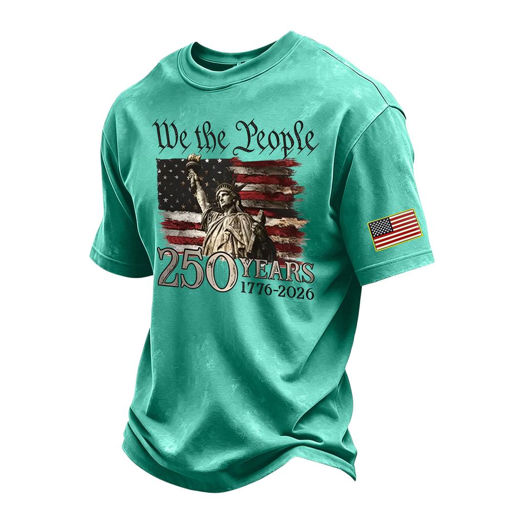 Men's Vintage Washed Crew Neck Short Sleeve T Shirt Independence Day Graphic Print 250 Years Commemorative Design Casual Fit