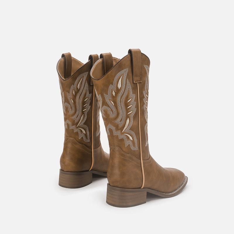 

Новые ковбойские сапоги из натуральной кожи, вышитые рыцарские сапоги, женские летние сапоги с квадратным носком и толстым каблуком в стиле ретро 40 коричневый