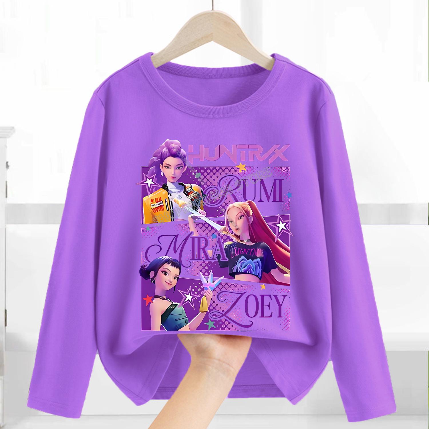 ForYourBeauty Katoenen T-shirts Meisjes Lange Mouw Kinder Cartoon Bedrukte Kleding Kinder Paarse Kleding Meisjes Ronde Hals Top 140