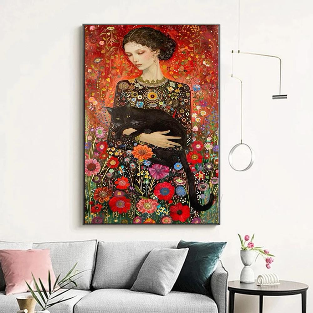 Abstract Woman And Cat Canvas Painting Wall Art Gustav Klimt Art Elegant Girl Poster Prints For Office Living Room Home Decor