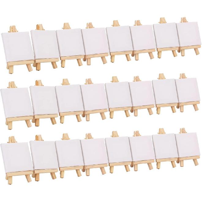 Tosnail 24 Pack 3" x 3" Mini Canvas and Easel Set, Small Art Easel Stand with Canvas Set, Tabletop Wooden Display Stand and Canvas Panels for Artist,