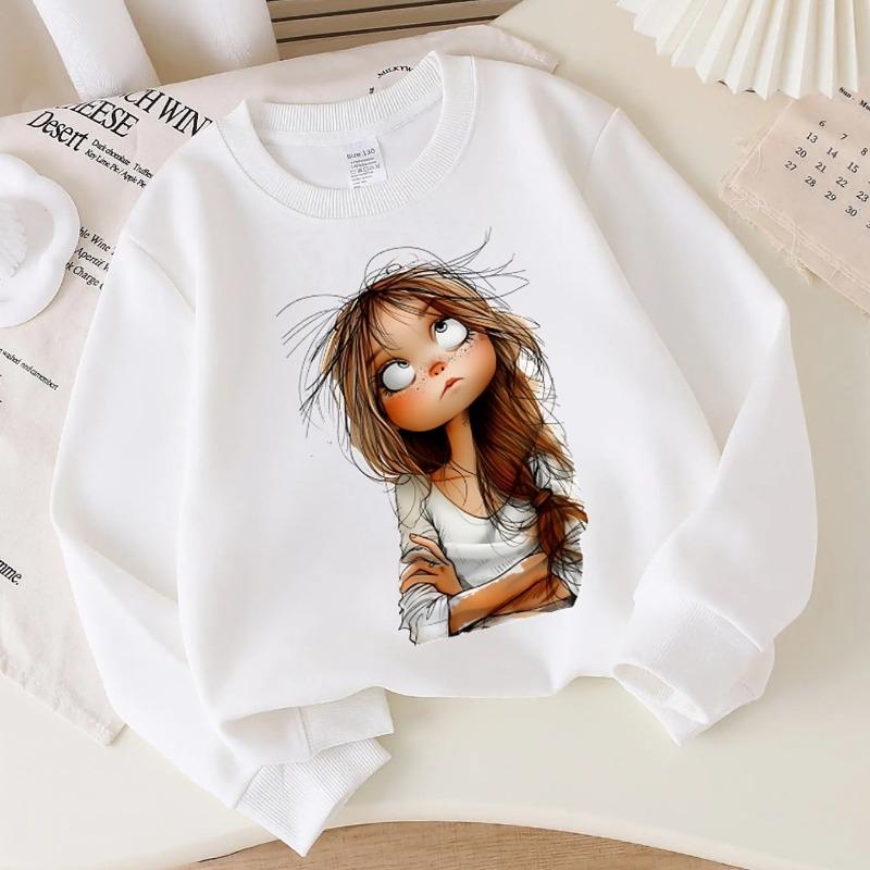 Kids Crewneck Sweatshirt, Whimsical Messy Hair Girl Graphic Print,Spring Autumn Casual Sport Tops