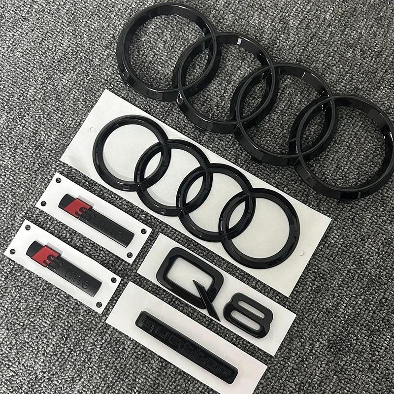 B Q8 4-Ring logo ABS Black Car Hood Front Grill Emblem Rear Trunk Badge Q8 Sticker Quarrto Sline Emblem For Q8 2018-2024