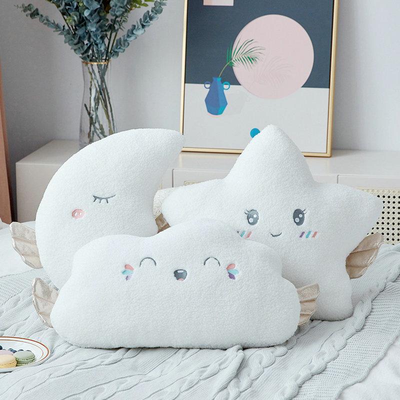New White Cloud Moon Star Plush Pillow White Cloud Soft Cushion Bed Head Oad Decoration Angel Plush Doll Toys Girl Gift