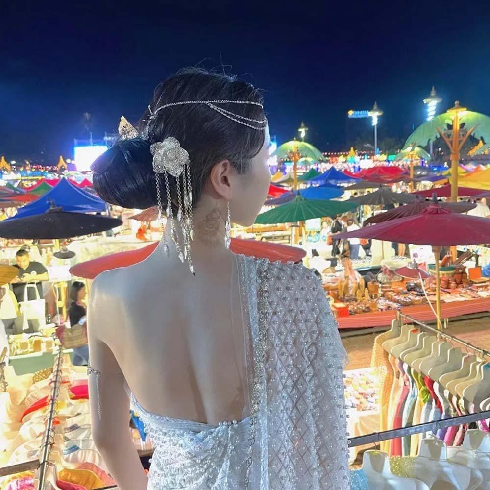 

Ethnic Style Golden Tassels Hair Fork Silver Rose Hair Sticks The Water-Sprinkling Festival Antique Silver