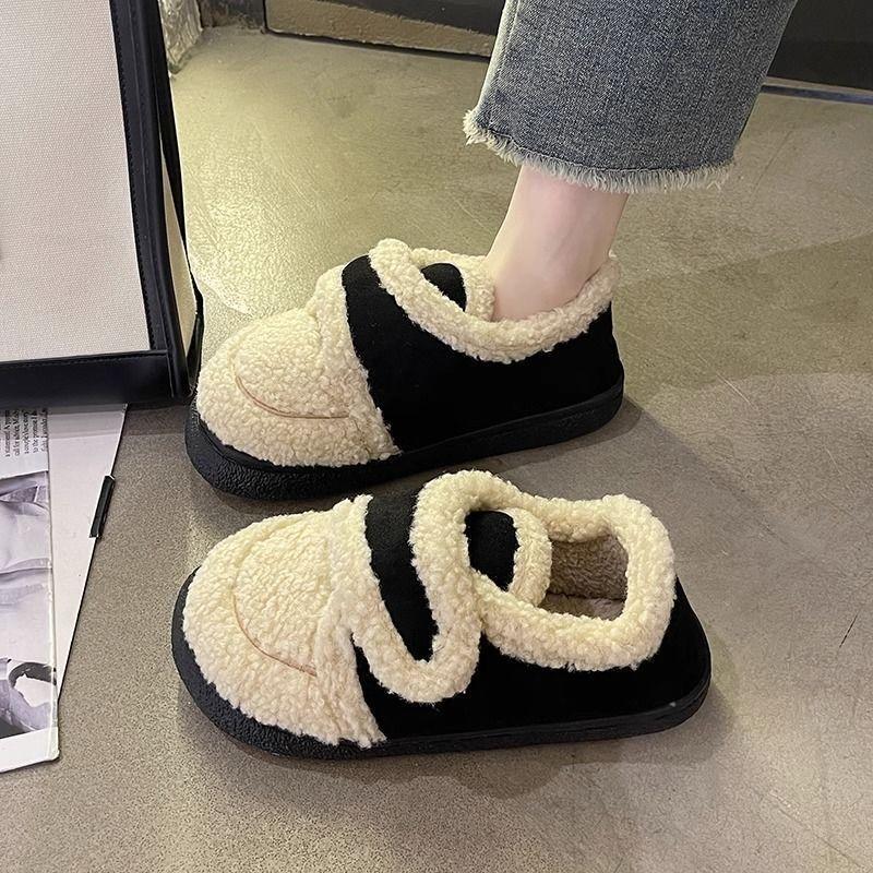 Cotton slippers winter plush warm and non-slip winter shoe bag heel wear women's thick-soled home flat-soled loafers