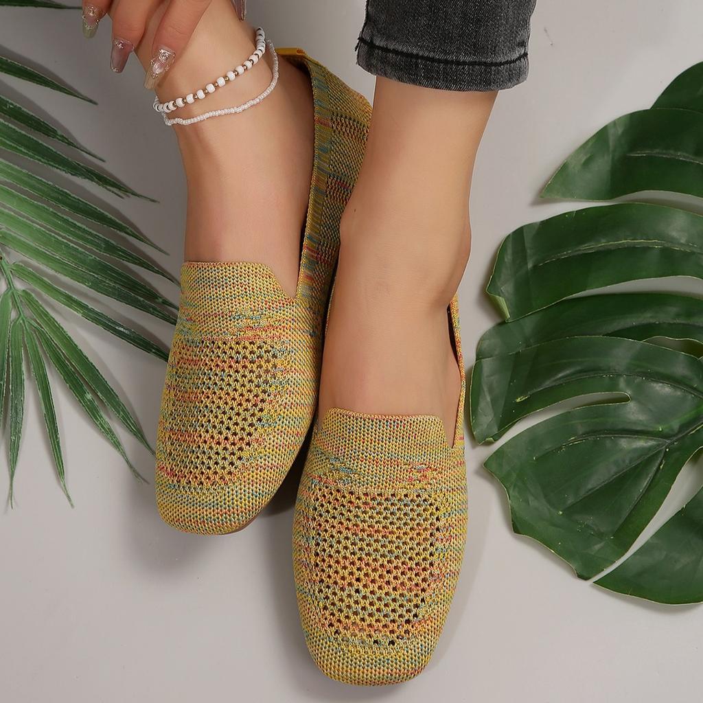 New Small Square Head Flat Bottom Knitted Casual Single Shoes Women's Large Size Shallow Mouth Fly Knitting Lazy Shoes One Pedal