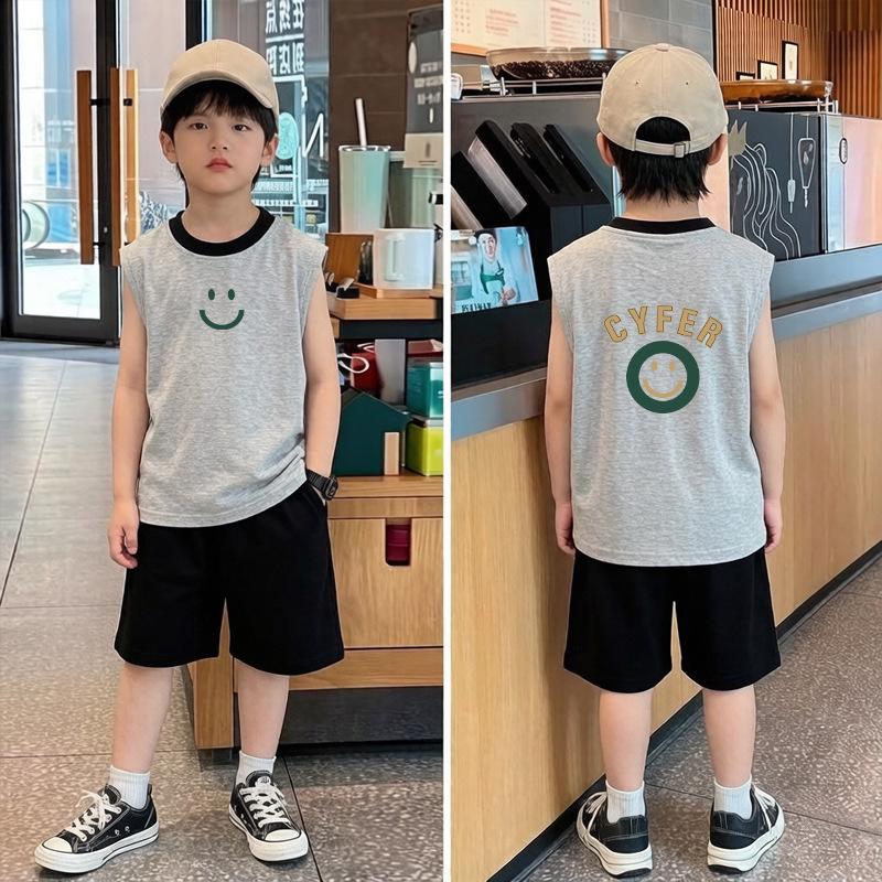 Korean Style Boys' Cartoon Cotton Color Block Vest Set - Summer Sleeveless T-shirt Two-Piece for Medium & Large Children