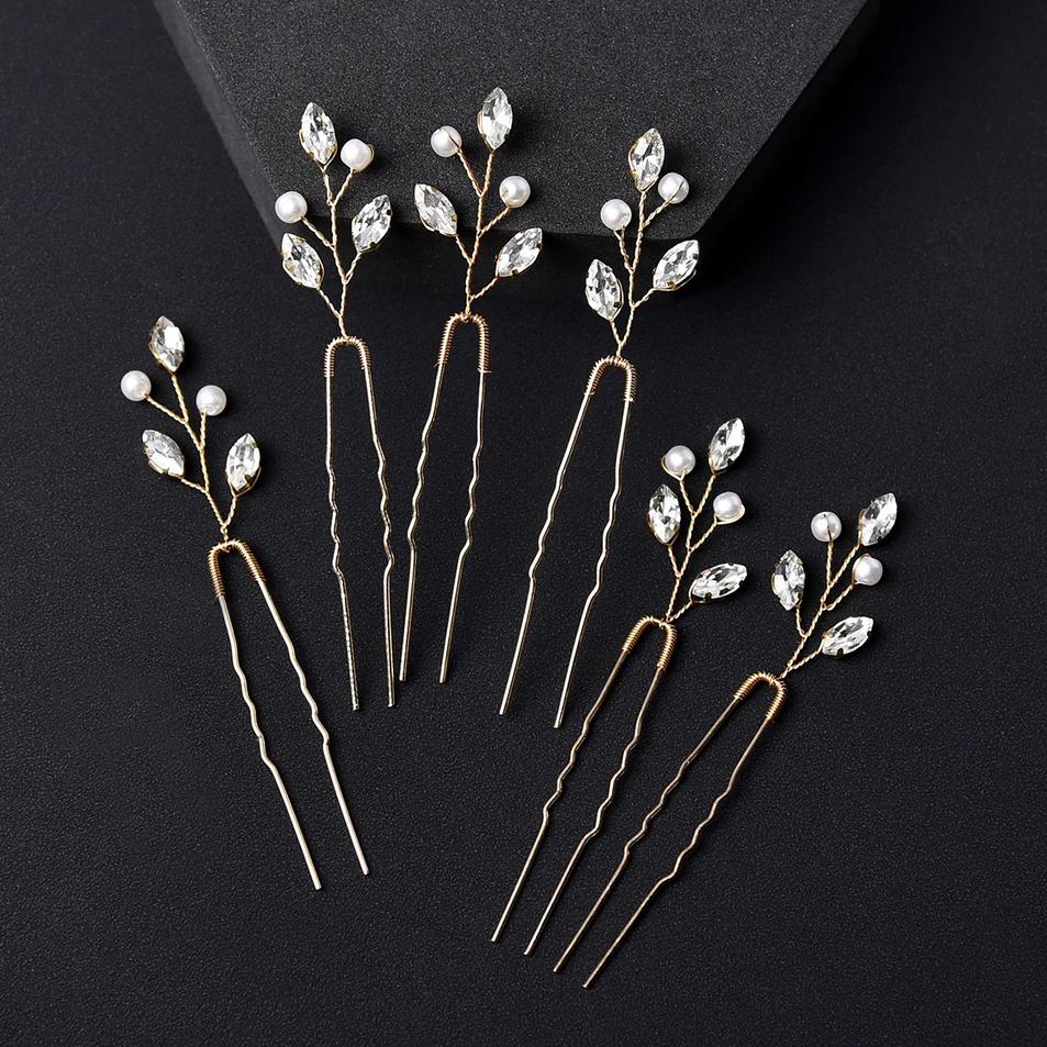 6 PCS Épingles à Cheveux Mariage Cristal Forme U Coiffe de Mariage Couleur Argent Or Épingles à Cheveux Perle Strass Accessoires Cheveux Mariage