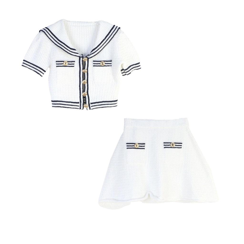 Spring/Summer 2025 Navy Collar Slim Fit Knit Set with A-line Skirt