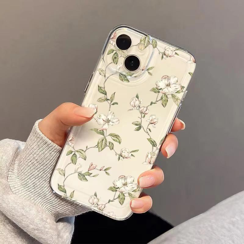 Coque de téléphone motif floral vert pour Samsung Galaxy S26 S25 Ultra S24 S23 FE S22 S21 Plus S20 A73 Coque transparente avec pare-chocs