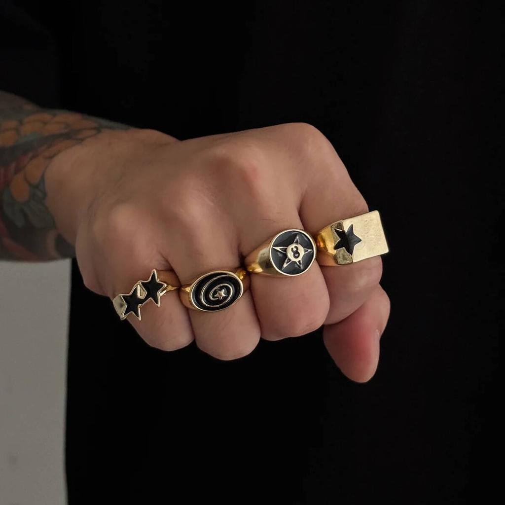 Salircon 4Pcs/Set Punk Five-Pointed Star Wide Rings for Men Hip Hop Gold Color Geometric Thick Opening Finger Rings Jewelry Gift