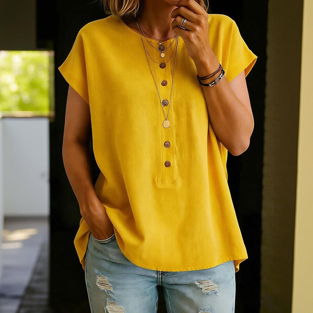Women's Short-sleeved Plain-colored Button-up Blouse