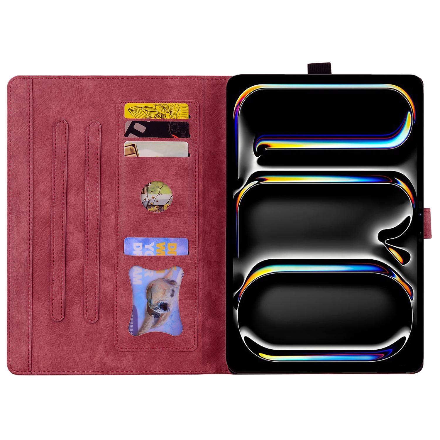 

For iPad Air 13 (2025)/(2024) Pro 12.9 (2020)/(2021) Case Flower Cat Pattern Leather Smart Tablet Cover Wine Red