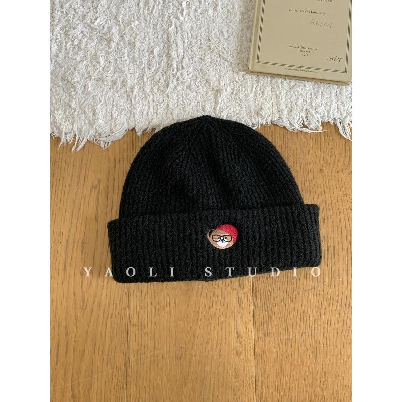 Autumn and Winter Thickened Warm Glasses Puppy Embroidered Knitted Woolen Hat for Women Korean Style Cold Proof Face Showing Small Pullover Hat
