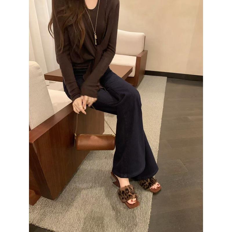 Vlněná verze~ hroznová ma zvýšení výšky 5 cm vílí vítr slovo se čtvercovou špičkou speciální klínek nadýchané pantofle dámské zimní nošení