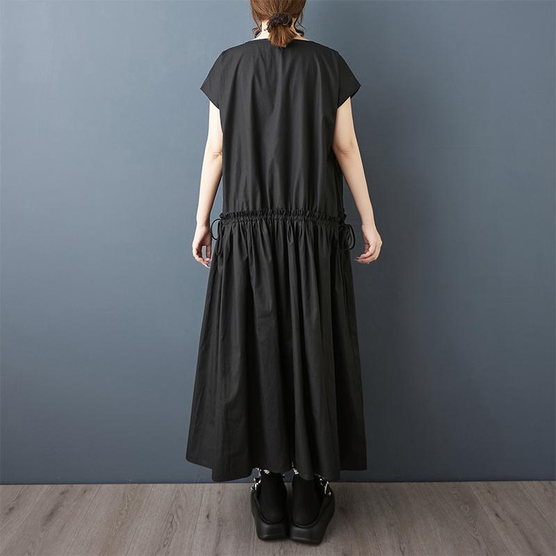 Dimanaf Plus Size Loose Dress Women 2025 Pleated New Summer Style Shirt O-Neck Black Dress