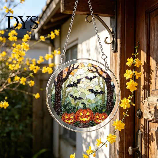 Halloween Party Hanging Props Acrylic Puzzle Window Suncatcher, Stained Glass Style Ornament Vintage Illustration with Metal Chain, Decorative