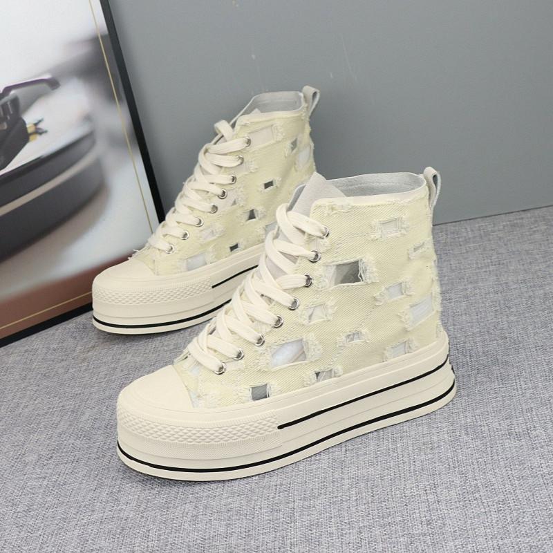 Fashion Women's 10cm Heel Thick Bottom Summer New Breathable Mesh High Top Sneakers Hole Design Lightweight Comfort