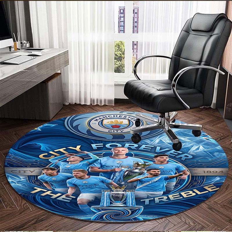 Okrągły dywan z nadrukiem Manchester City FC, Zmywalny dywanik podłogowy, Do przedpokoju, akademika, pralni, biura, gabinetu, Dekoracja domu, Prezent urodzinowy, świąteczny