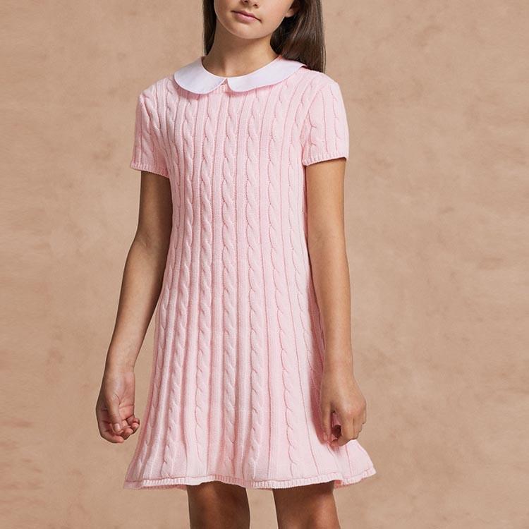 Polo Ralph Lauren Kids Dress FW23 Solid Cable Knit Short Sleeve Kids Dresses Pink CWPODRSG3D20670-650