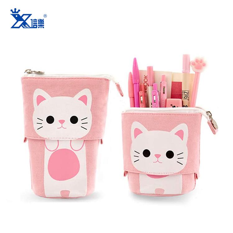 Hot Bulk Sales Zipper Estuches Escolares Cute Cartoon Cat Pen Pouch Telescopic Fancy Stationery Bag Standing Up Kids Pencil Case