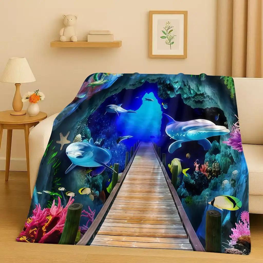 New 3D Illusion Underwater World Breaking Wall Flannel Blanket,Ultra Soft Warm Plush Throw for Home Bedroom Bed Sofa Cover Gift