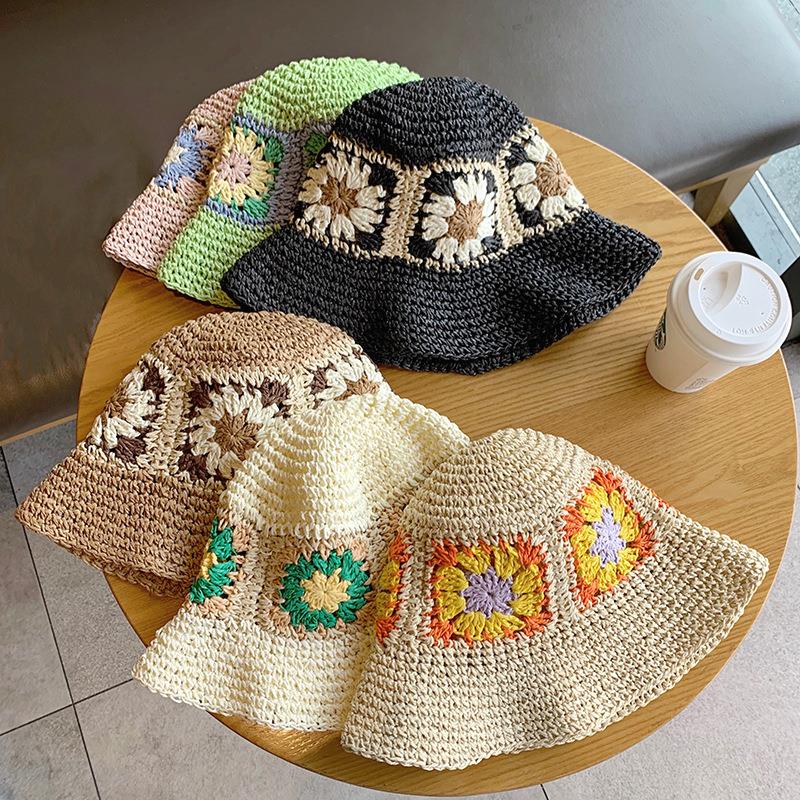 Women Sun Beach Crochet Flowers Hat Fisherman Hat Tourism Female Vacation Paper Straw Bucket Hat