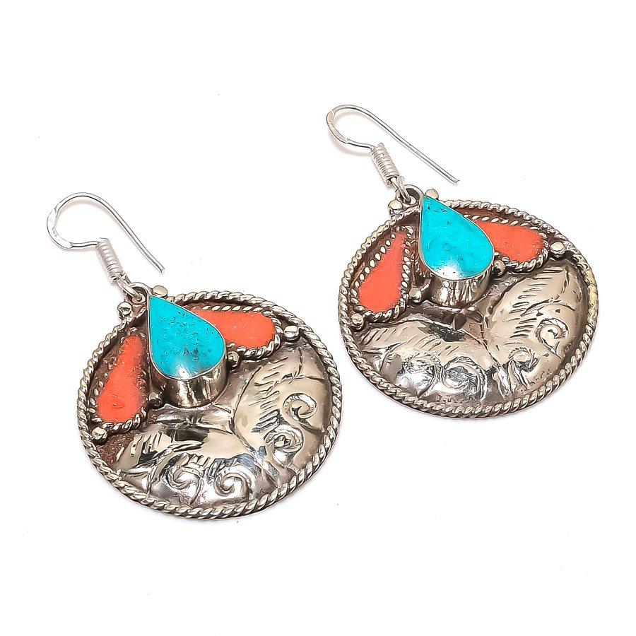 

Natural Tibetan Turquoise, Coral Gemstone Handmade Jewelry Earring 2.36 e0P83