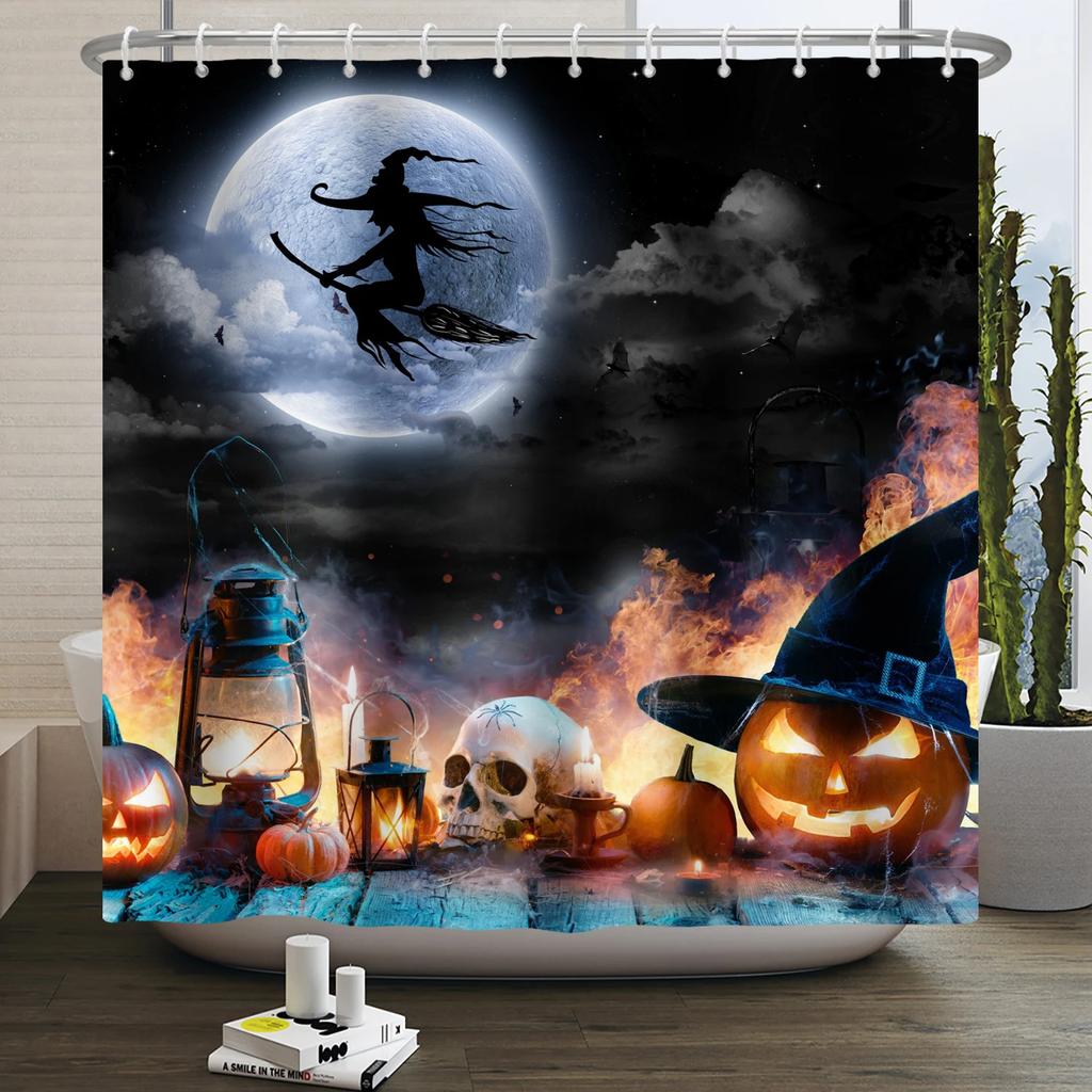 Halloween Duschvorhang Horror Mondnacht Kürbis Schädel Skelett Gruseliges Schloss Hexe Geist Friedhof Wasserdicht Badezimmervorhänge