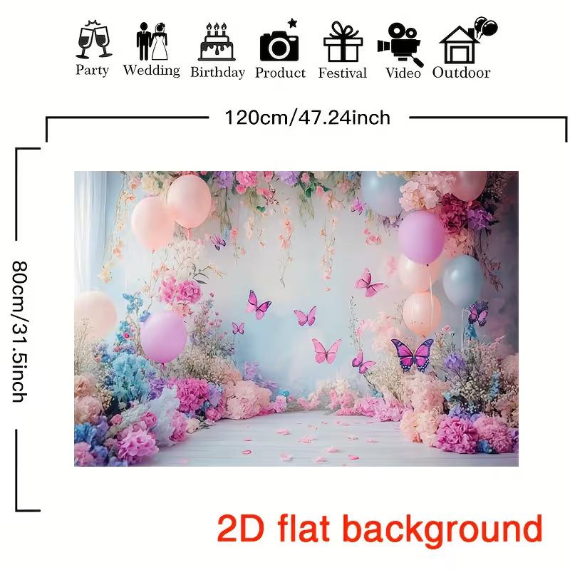 2D Dreamy Pastel Flower & Balloon Backdrop Cloth for Birthday Party Photo Booth Background