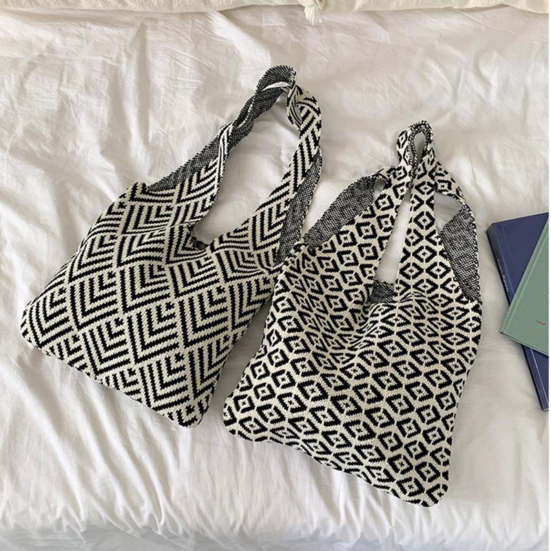 Fashion Geometric Contrast Color Handmade Knitted Handbag Women Minimalist Knot Shoulder Bag