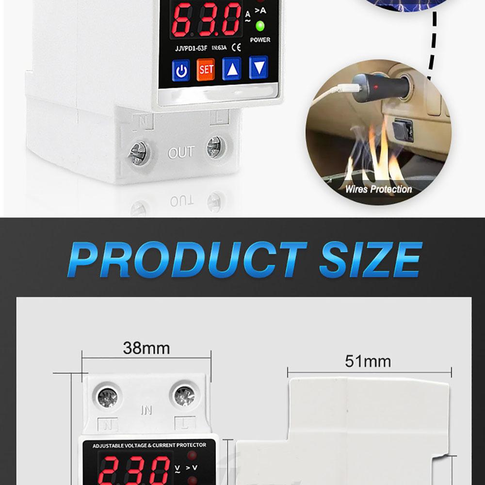 Dual Display 40A 63A 80A 230V Din Rail Adjustable Digital Over Under Voltage Relay Surge Protector Limit Over Current Protection