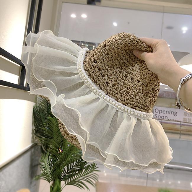 Women's Summer French Style Lace Pearl Trim Straw Woven Hat Wide Brim Japanese Style Beach Sunshade Foldable Sun Protection Hat