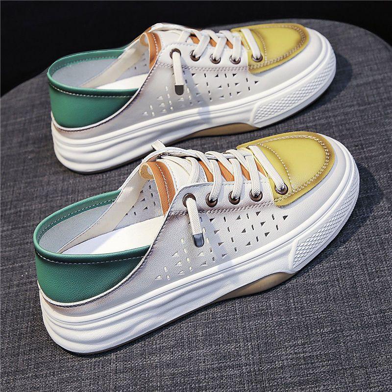 

Маленькие белые женские туфли летние тонкие на одной педали ленивые туфли универсальные повседневные дышащие полые на плоской подошве 35 зелёный