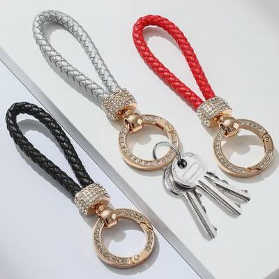 Luxury Handwoven Leather Keychain Bracelet with Imitation Diamond Metal Buckle for Men and Women