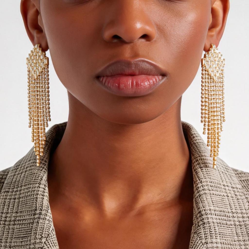 Silver Needle Zirconia Diamond Rhombus Tassel Earrings – Elegant and Fashionable Stud Earrings