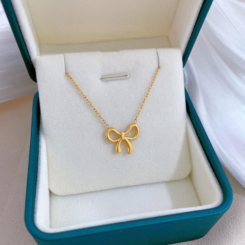 L316 Stainless Steel Beads Chain Hollow Bowknot Pendant Necklace for Women Niche Simple Jewery Accessory