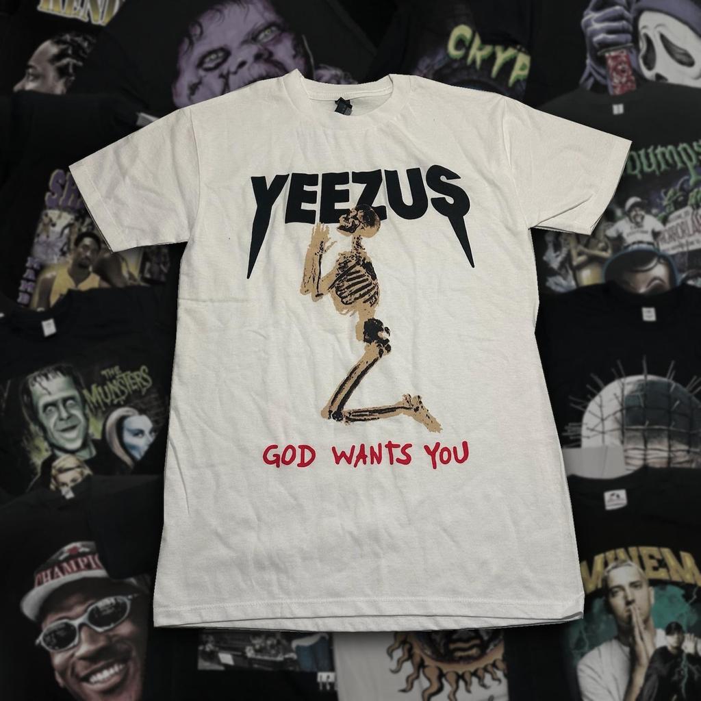 Skeleton Graphic Tee White, Black Bold Lettering Red Accent Text, Streetwear Grunge Shirt, Y2K Dark Statement Style