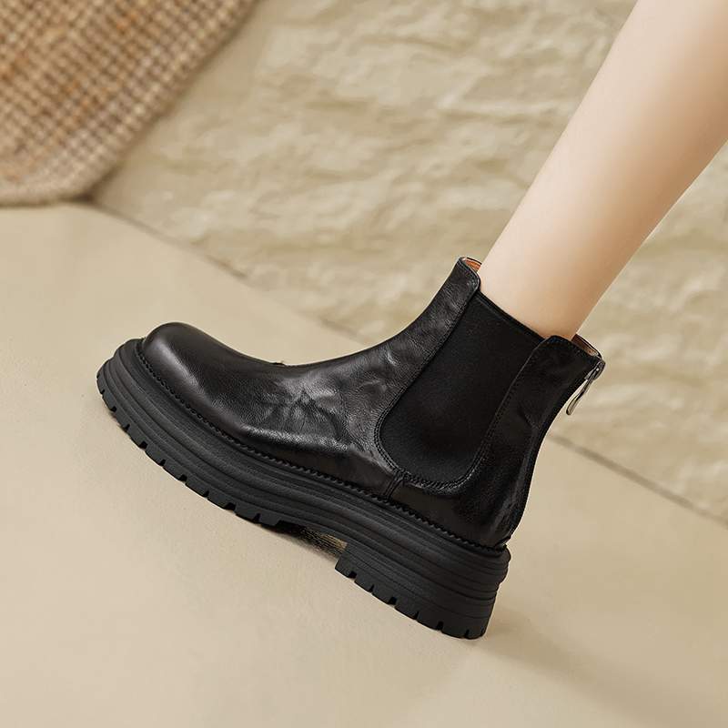 Krazing Pot Sheep Skin Round Toe Winter Med Heels Chelsea Boots Women Zipper Retro Fashion Platform Ankle Boots