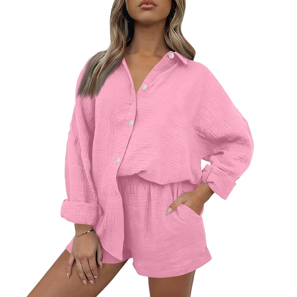 Women's Casual Color Long Sleeved Shorts Set, Crepe Home Set
