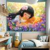 Charming Girl Cat Tapestry Vibrant Flowers Soft Embrace Whimsical Scene for Cozy and Heartwarming Home Decor Wall Art