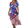 Women’s V Neck Short Sleeve Maxi Dress with Star and Stripe Print Loose Fit Summer Casual Long Dress for Everyday Wear