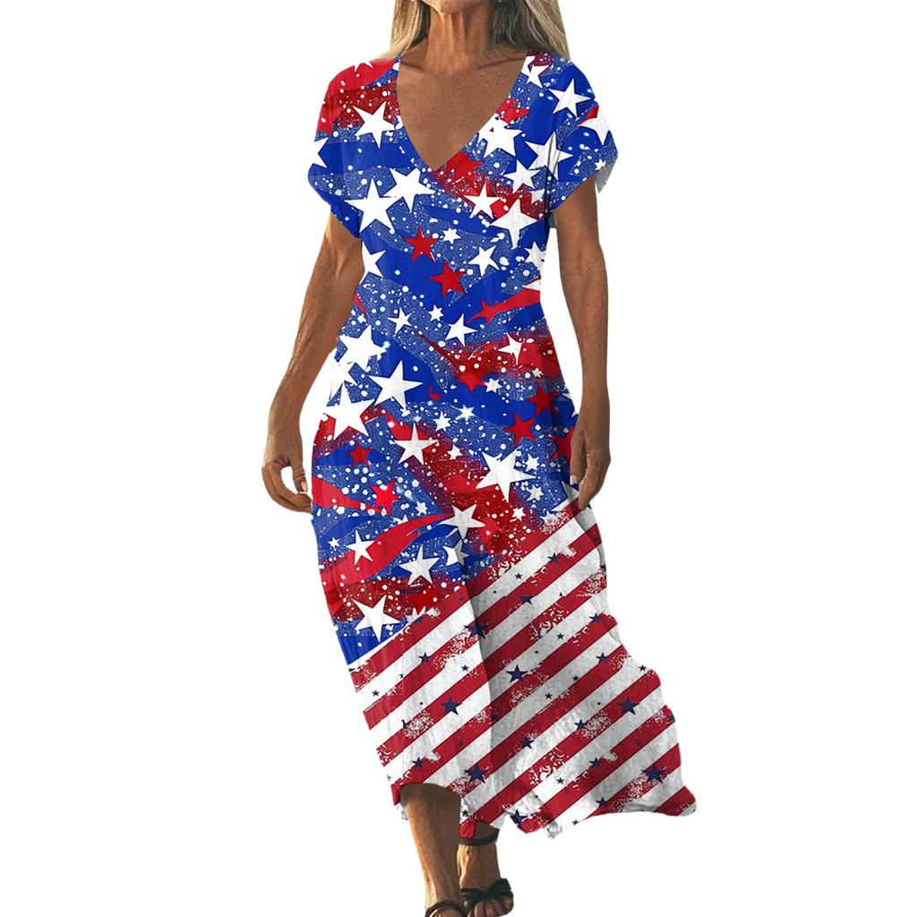 Women’s V Neck Short Sleeve Maxi Dress with Star and Stripe Print Loose Fit Summer Casual Long Dress for Everyday Wear