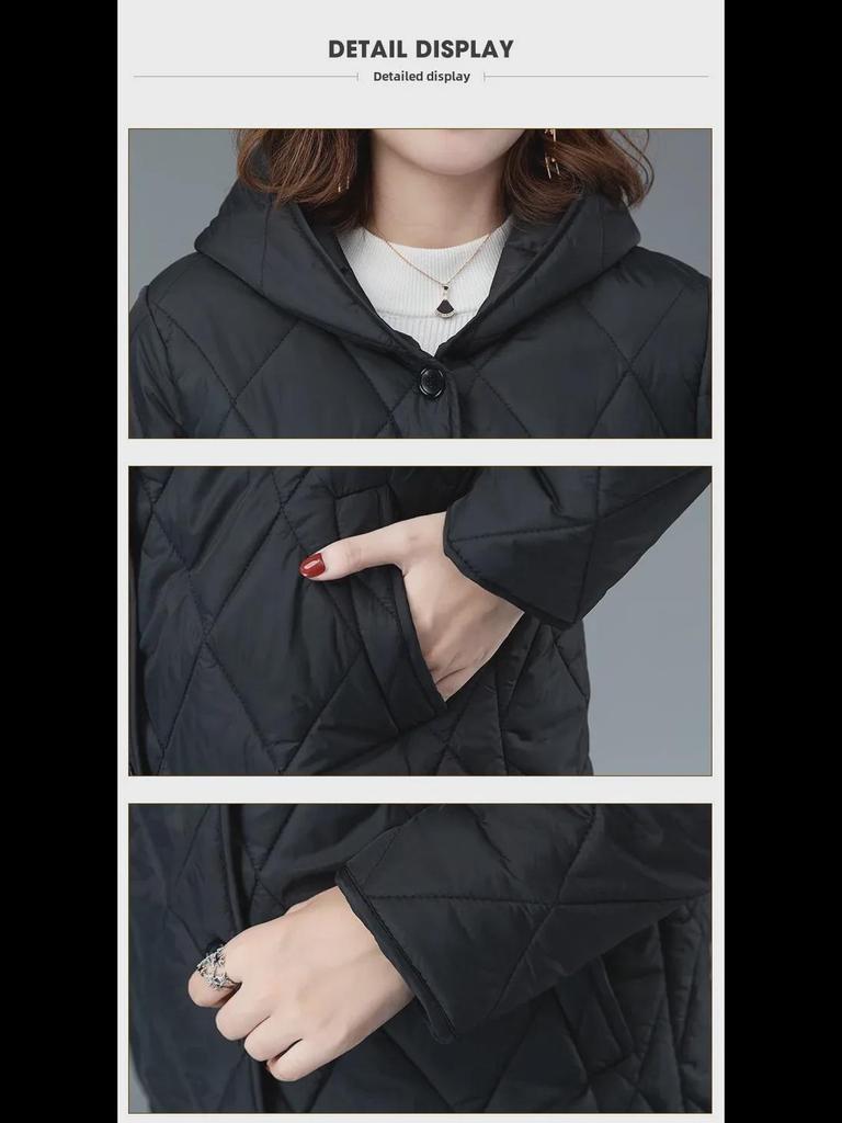 Women's Hooded Diamond-Quilted Winter Jacket 2024 - Solid Color, Warm Cotton, Long-Sleeved.