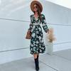 Spring and Autumn High-end Women's Green Printed V-Neck Long Sleeve Dress