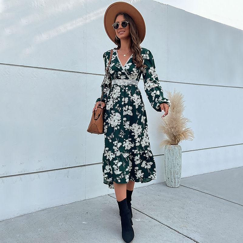 Spring and Autumn High-end Women's Green Printed V-Neck Long Sleeve Dress