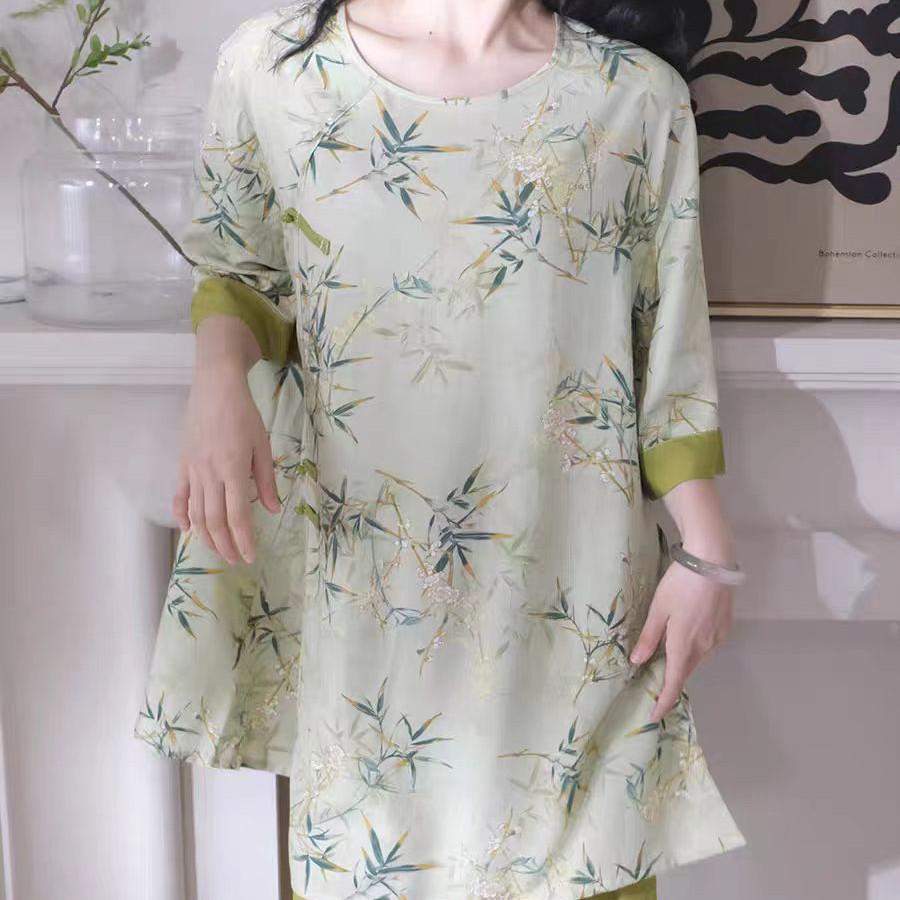 Women's Summer Lyocell Cotton Pajama Set: Chic National Wind Design, Wearable Outside, Luxurious Feel