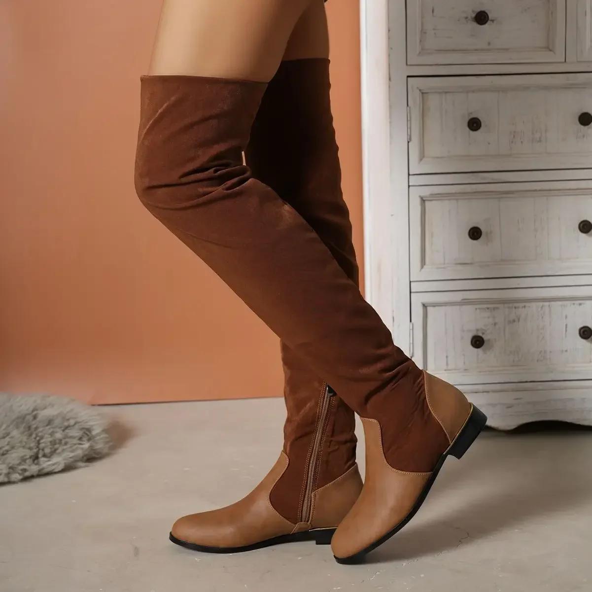 Женские сапоги выше колена новые зимние модные сексуальные длинные сапоги из искусственной замши в стиле пэчворк женские туфли на плоской подошве большой размер 43 39 коричневый 3250₽