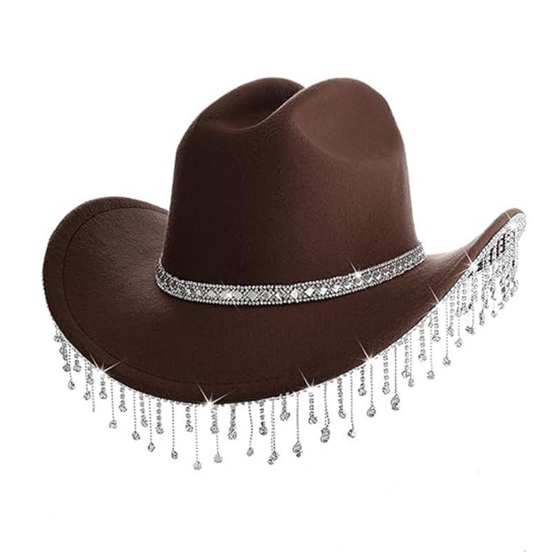 Pink Felt Cowboy Hat With Rhinestone Tassel Decoration For Allseason Sun Protection